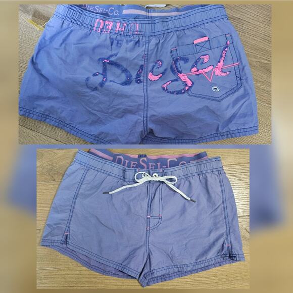 Vtg Y2K Diesel Spellout Graffiti Swim Trunks Shorts Periwinkle Pink Cotton S - Picture 1 of 14